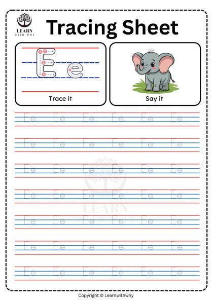 Alphabet E — tracing sheet worksheet preview