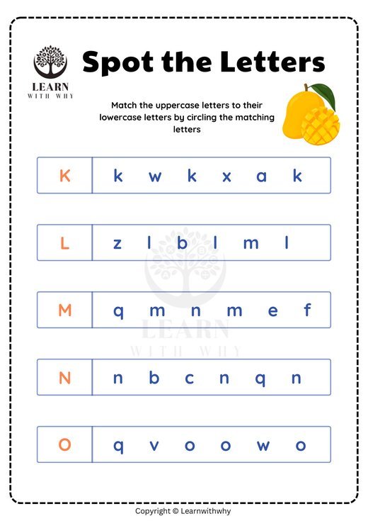 Spot the letters K–O worksheet preview