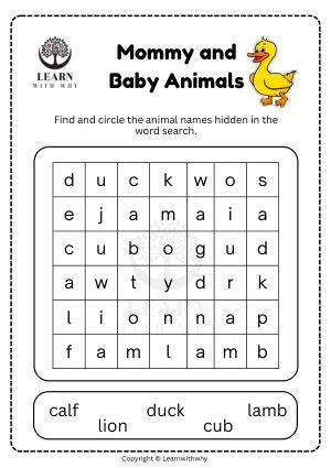 Animal Babies 10 — find the animal names worksheet preview