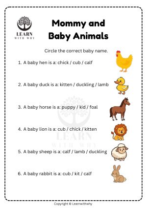 Animal Babies 3 — choose the baby name worksheet preview