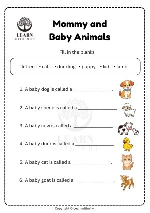 Animal Babies 4 — a baby dog is called a … worksheet preview