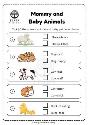 Animal Babies 6 — tick the correct pair worksheet preview