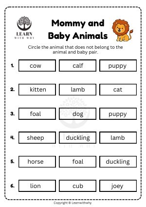 Animal Babies 7 — odd one out worksheet preview