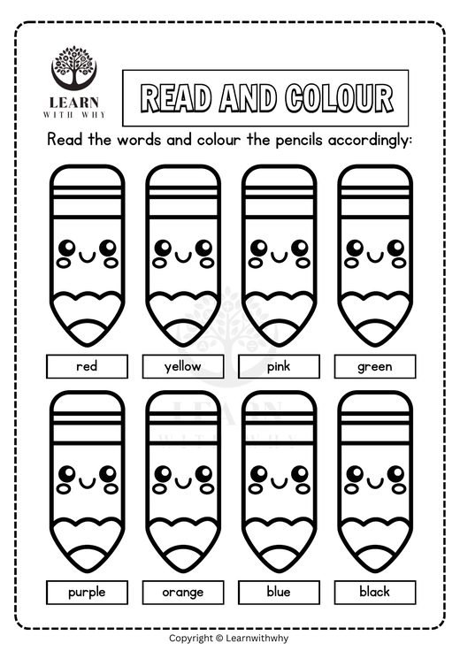 Colours 4 — read and colour the pencils worksheet preview