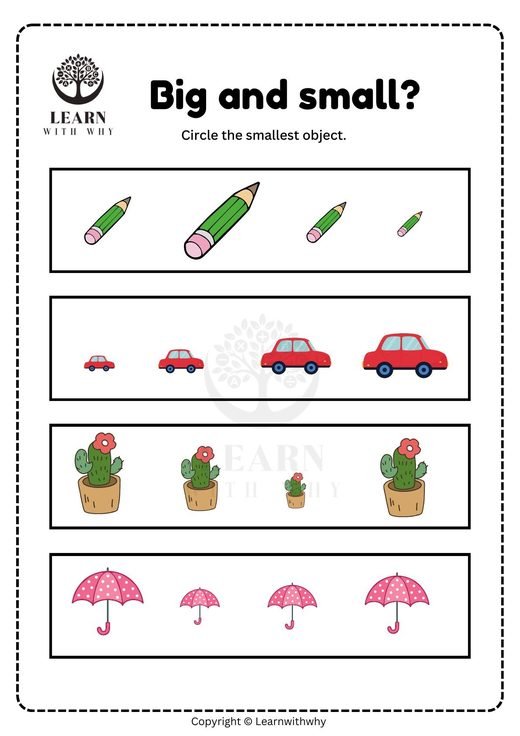 Sizes 6 — circle the smallest object worksheet preview